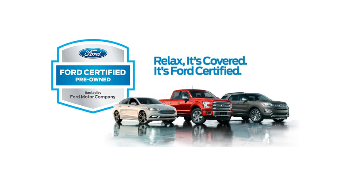 Ford Certified Pre-Owned with a white background and 3 Ford vehicles in the forefront