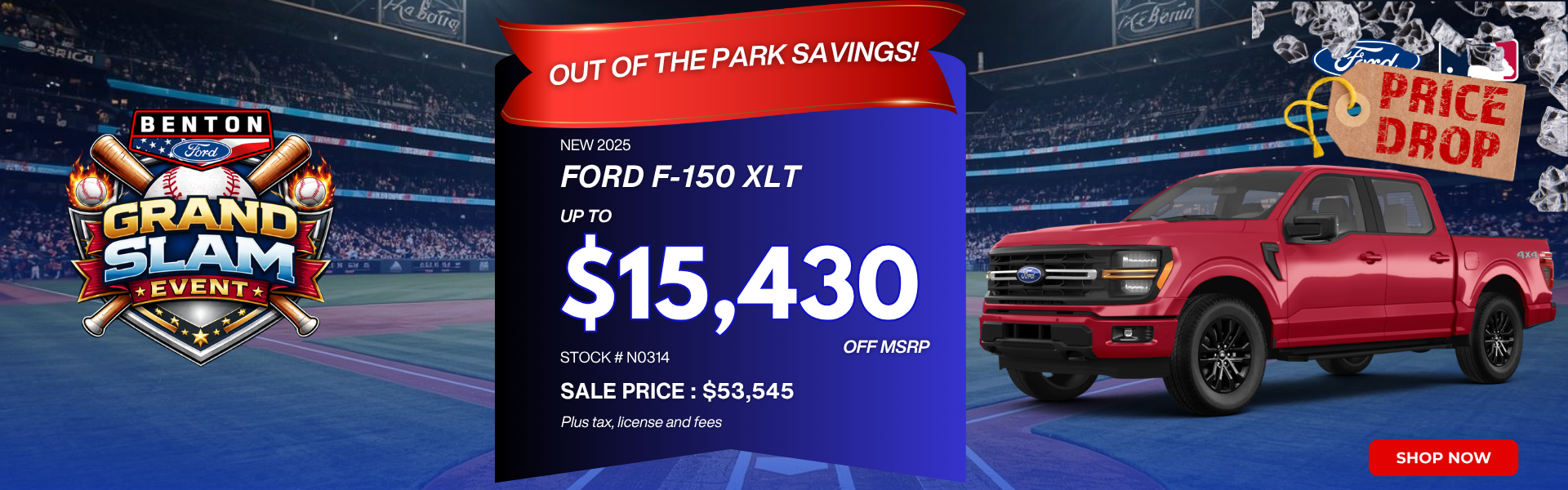 a red 2025 Ford F150 XLT sitting on a baseball field