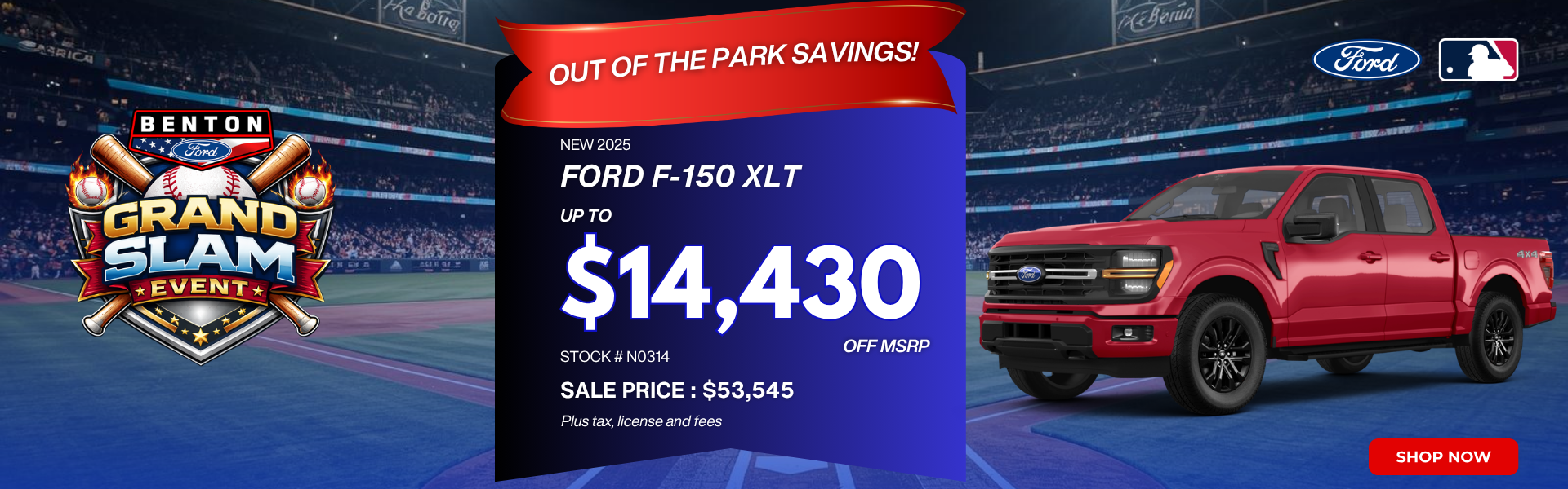 a red 2025 Ford F150 XLT sitting on a baseball field