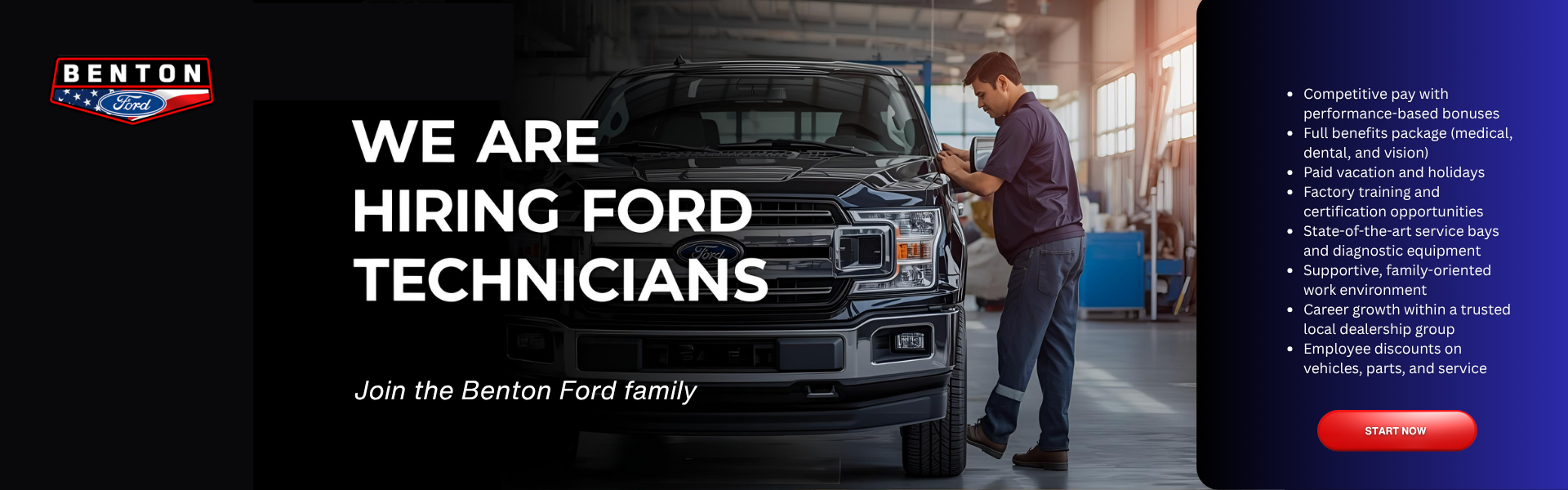 A Ford technician in a garage working on a Ford F-150