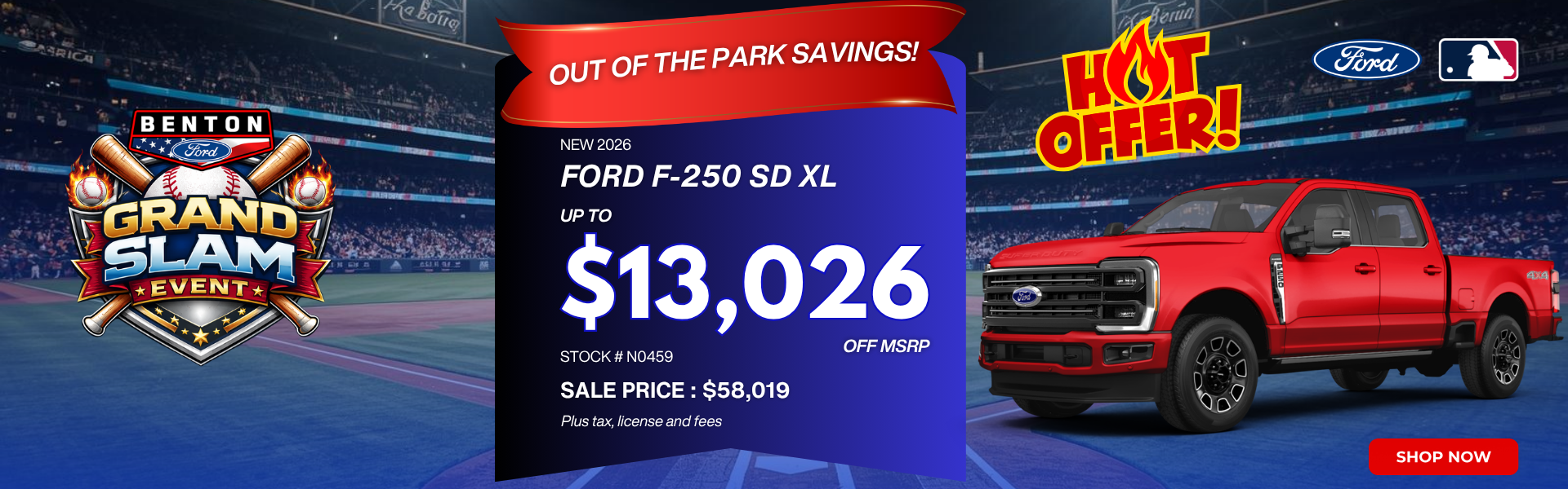 a red 2026 Ford F-250 XL sitting on a baseball field
