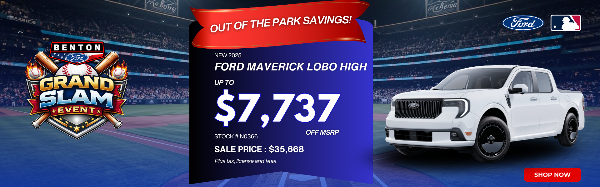 a white 2025 Ford Maverick Lobo sitting on a baseball field