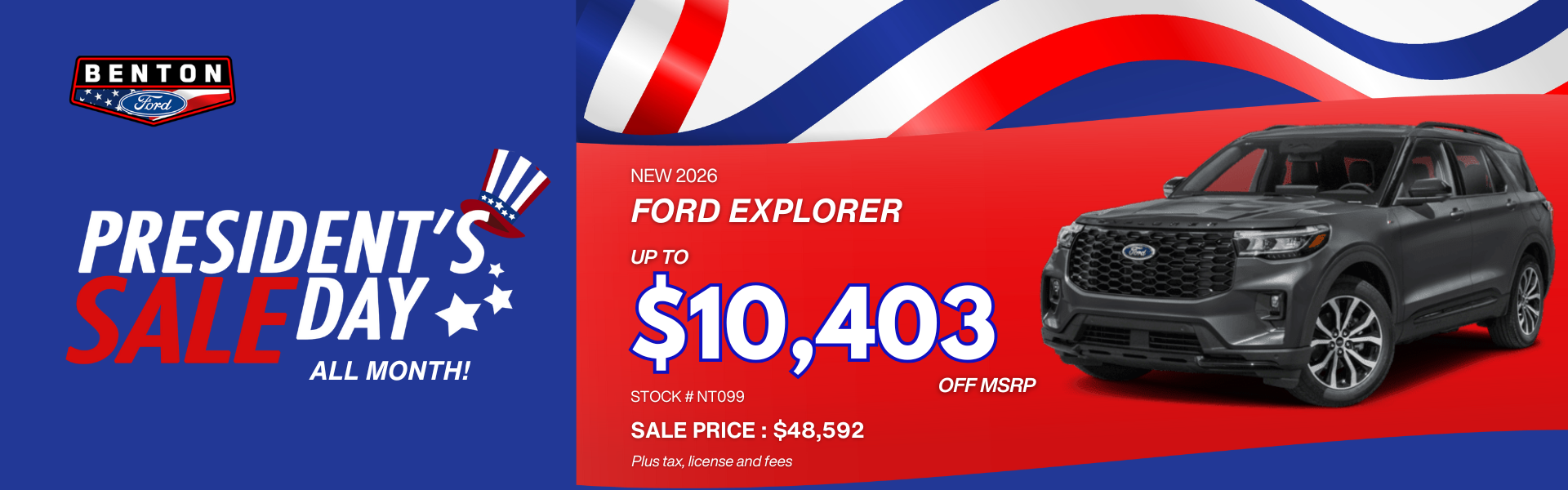 Presidents Day 2026 Ford Explorer with flag background