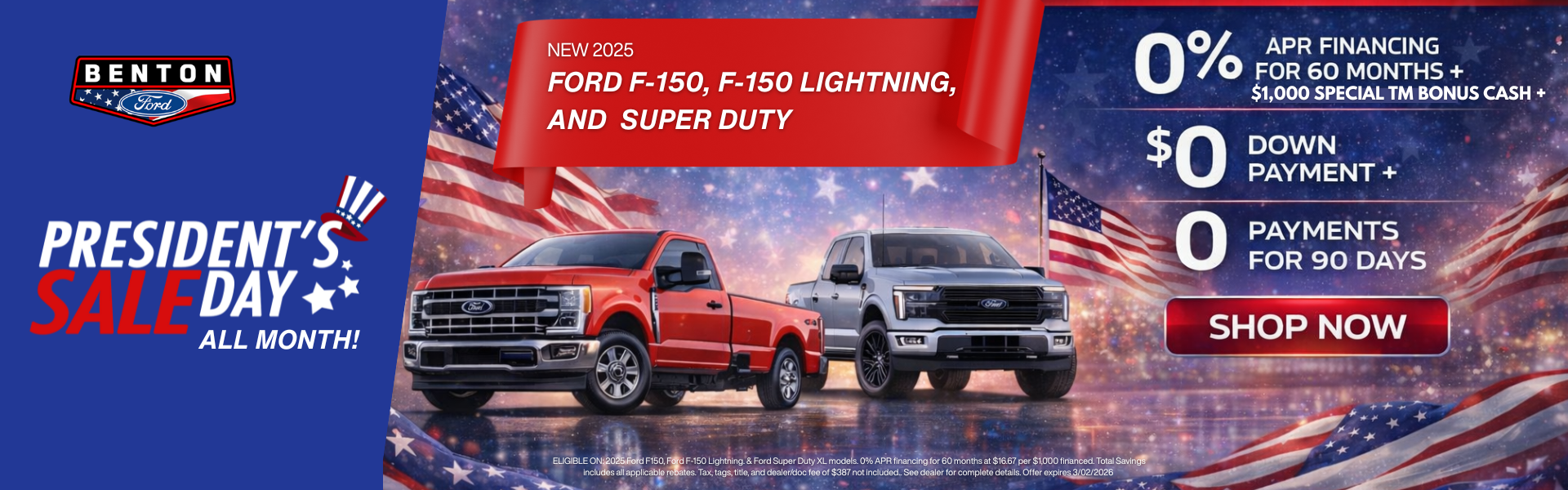 A patriotic background with Ford trucks in the background 