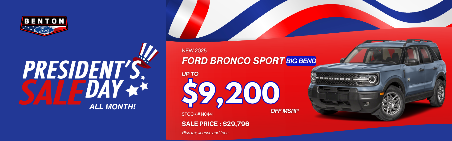 Presidents Day 2025 Ford Bronco Sport with flag background