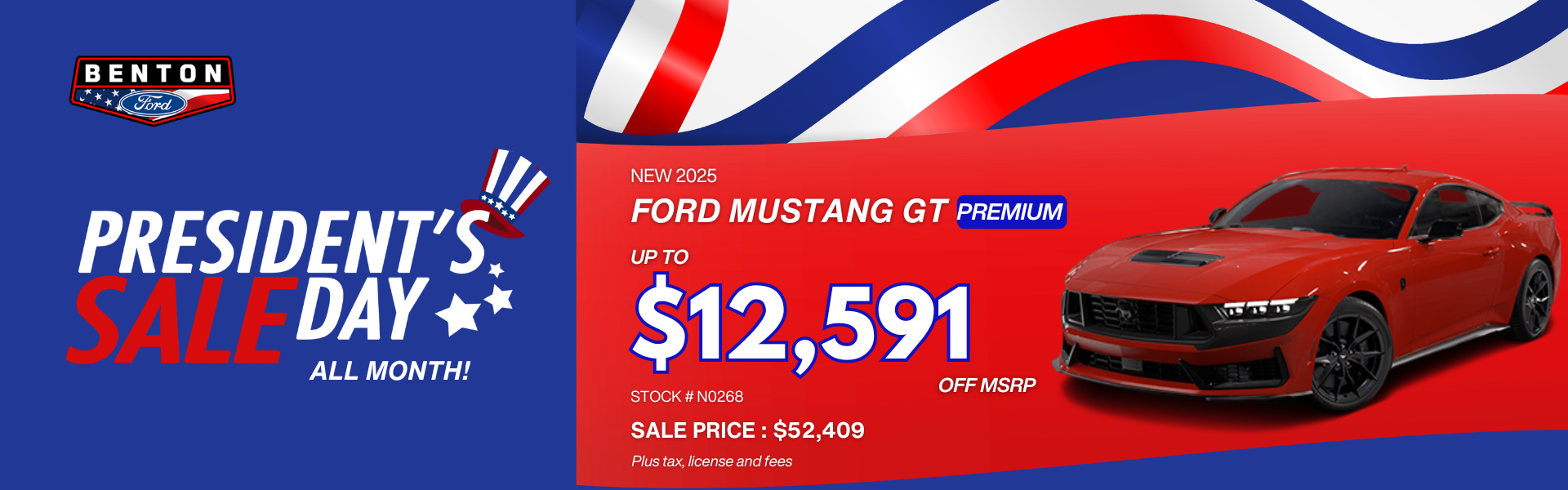 Presidents Day 2025 Ford Mustang with flag background