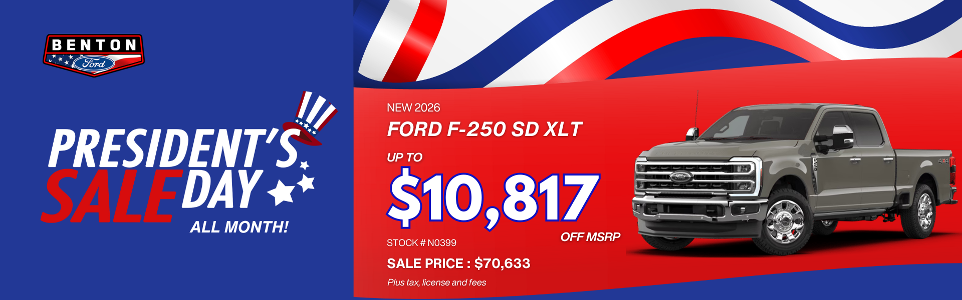 Presidents Day 2026 Ford F-250 SD XLT with flag background