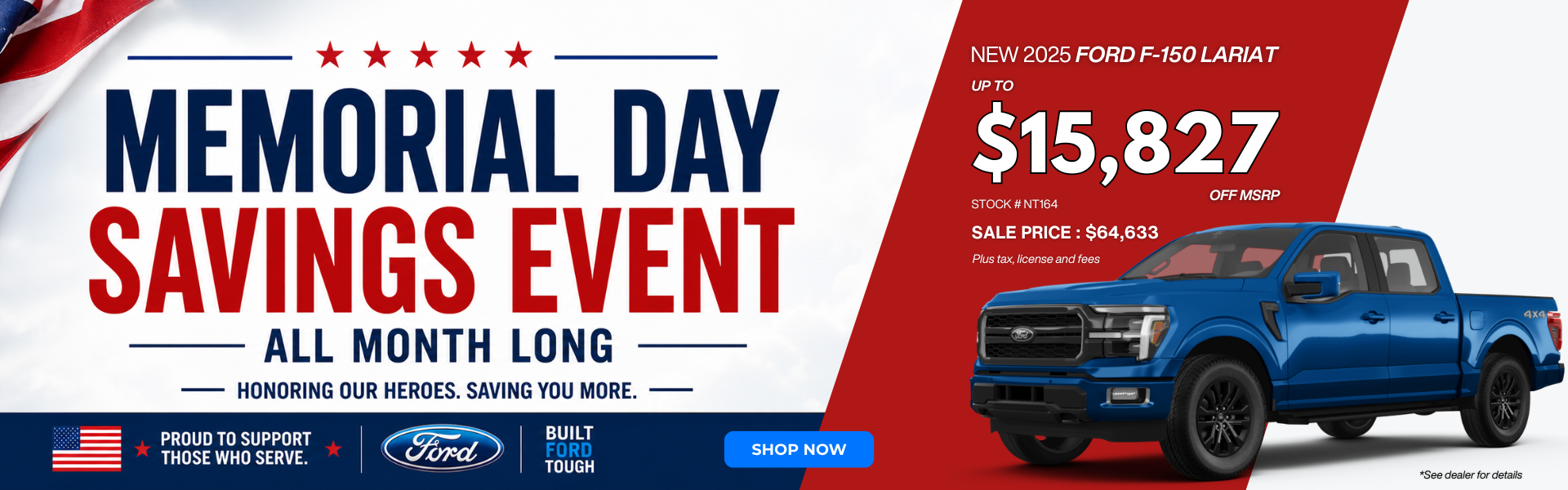 Memorial Day Savings Event featuring a blue 2025 F150 Lariat