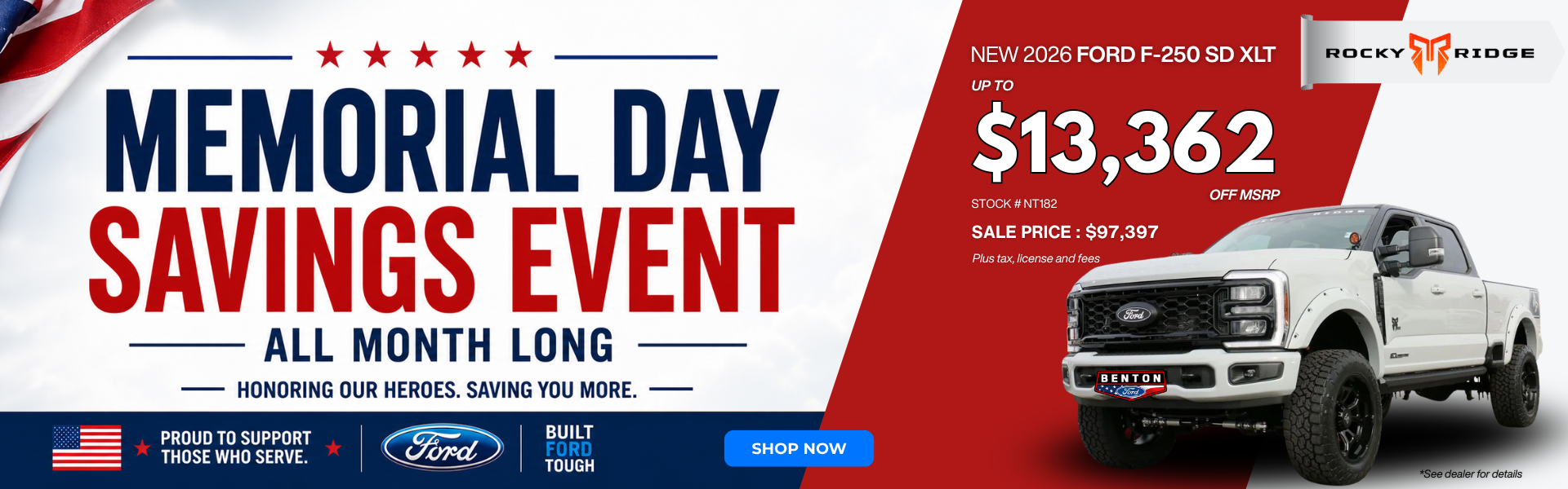 Memorial Day Savings Event featuring a white 2026 F250 