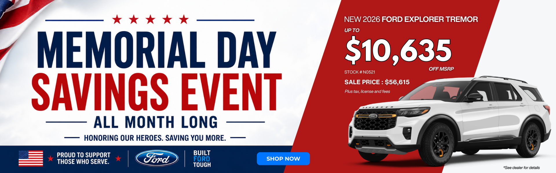 Memorial Day Savings Event featuring a white 2026 Explorer