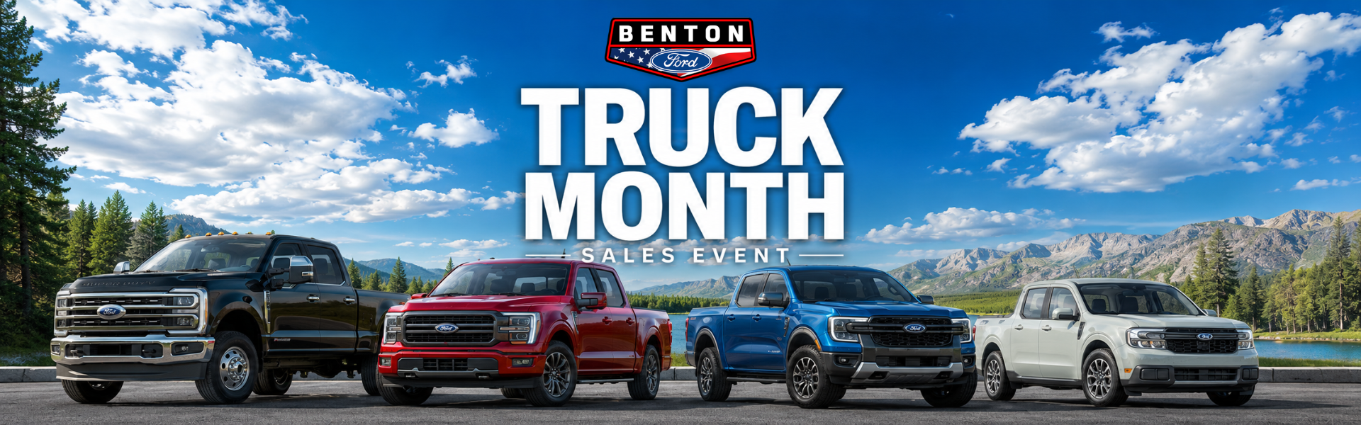 Truck Month sales event at Benton Ford showing Ford trucks for shoppers near Mayfield Paducah Murray and Benton Kentucky
