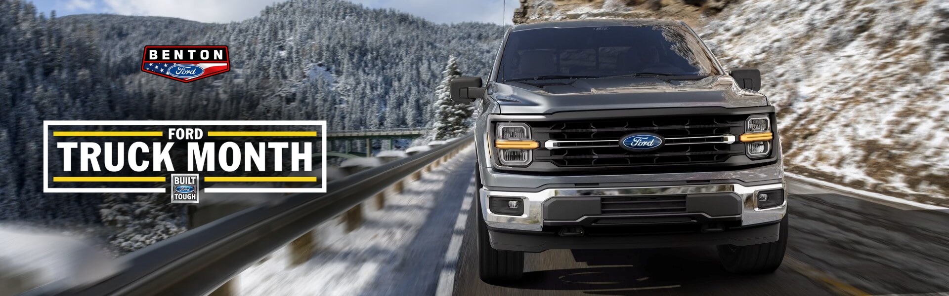 a 2026 Ford-150 driving on a snowy highway with winter frosted trees to the left side